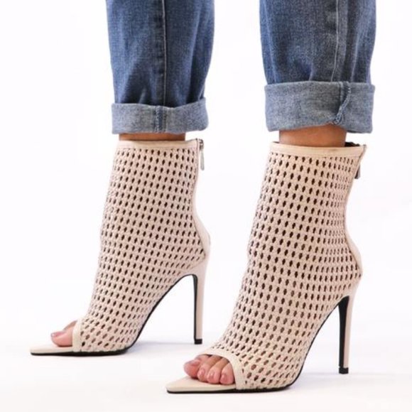 Shoe Affair Shoes - Weaved Pointy Peep Toe Caged Booties in Nude